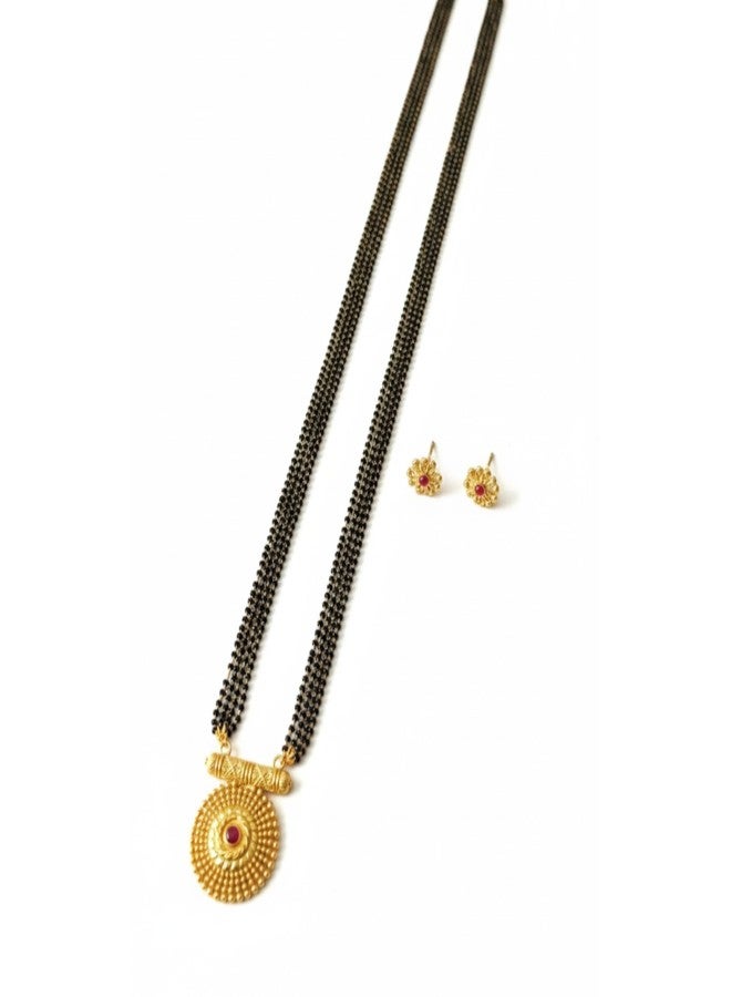 AAIKU Traditional Maharashtrian Mangalsutra with Round Pendant & Earrings | Gold Plated Black Bead Long Chain | Micropolish Mangal sutra Design Jewelry for Women & Girls (30 INCH- 4 LINE) - Image 1