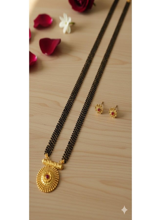 AAIKU Traditional Maharashtrian Mangalsutra with Round Pendant & Earrings | Gold Plated Black Bead Long Chain | Micropolish Mangal sutra Design Jewelry for Women & Girls (30 INCH- 4 LINE) - Image 4