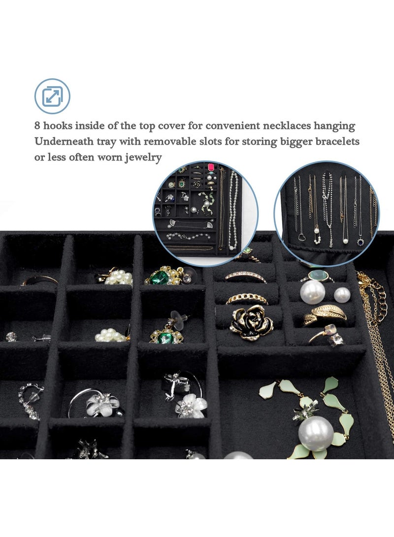 Soofam Jewellery Box Organiser, 2 Tiers Large Jewellery Boxes Storage Cases for Earrings, Bracelets, Rings, Necklaces -Black - Image 4