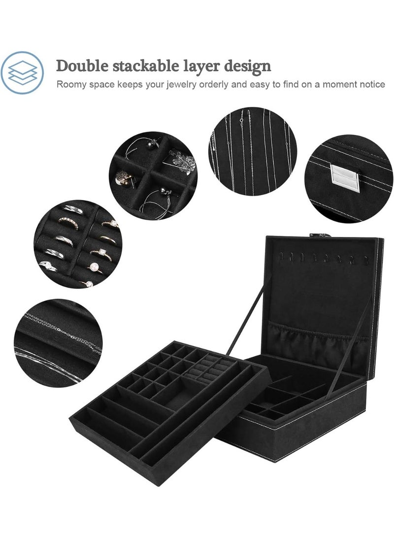 Soofam Jewellery Box Organiser, 2 Tiers Large Jewellery Boxes Storage Cases for Earrings, Bracelets, Rings, Necklaces -Black - Image 2