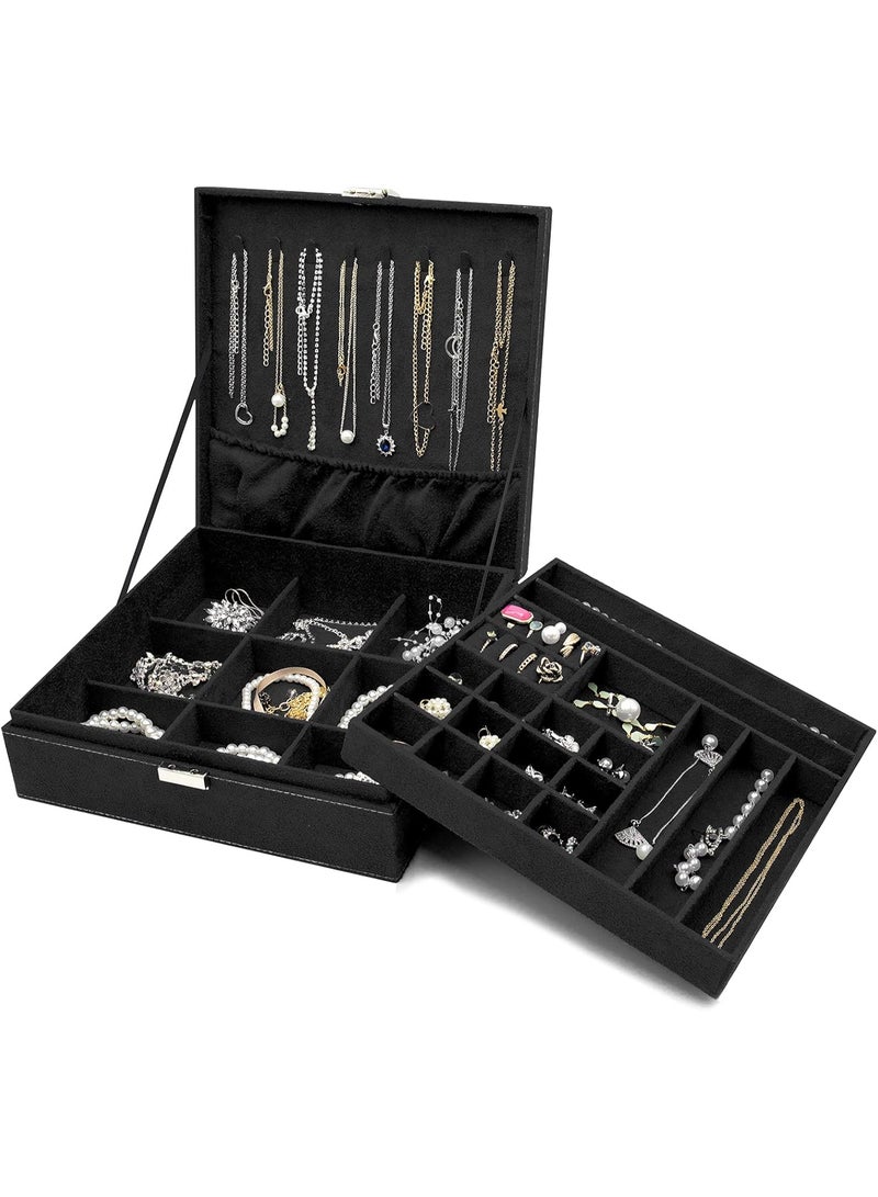 Soofam Jewellery Box Organiser, 2 Tiers Large Jewellery Boxes Storage Cases for Earrings, Bracelets, Rings, Necklaces -Black - Image 1