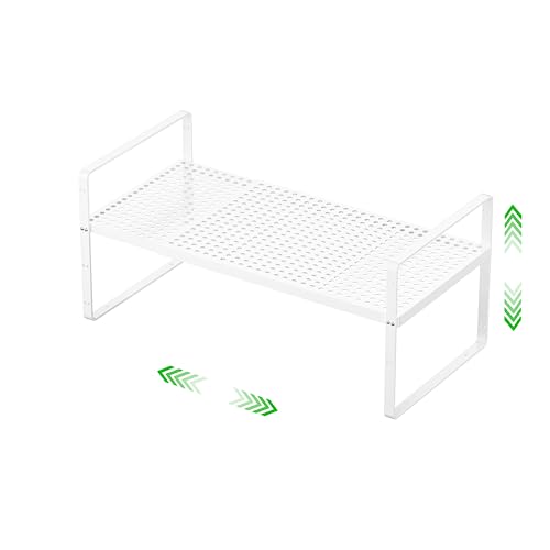 SOFRON Expandable Cabinet Storage Shelf Stackable Organizer Rack for Kitchen Bathroom Pantry Spice Cupboard Coffee Countertop Home Office Desk Heavy Duty Nonslip White Large 1 Pack