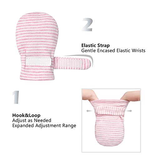 Reyow Newborn Baby No Scratch Mittens Stay On, 100% Cotton Breathable, Adjustable Infant Gloves for Baby Boys Girls Mittens (Pink Stripe, 3-12 Months) - Image 5