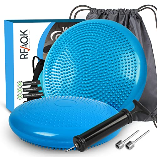 RFAQK Inflated Air Stability Wobble Cushion - Wiggle Seat to Improve Sitting Posture & Attention, Stability Balance Disc for Physical Therapy Exercise [Extra Thick, Pump, Bag, E-Book Included] (Blue) - Image 1