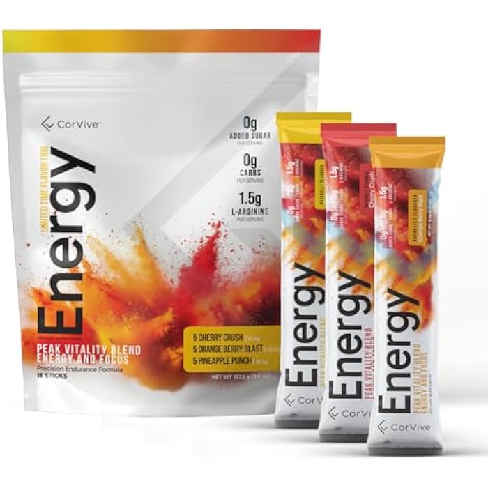 CorVive Energy Drink Mix Variety Pack - Natural Energy & Focus Supplement with Carnosyn®, Ashwagandha, L-Arginine, Theobromine - Zero Sugar, 5 Calories, 120mg Caffeine - Image 1