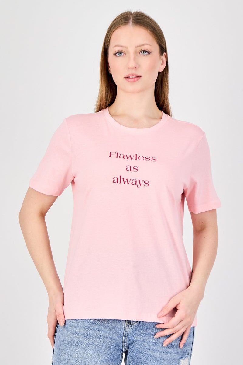 ONLY Women Crew Neck Short Sleeve Graphic Print T-Shirt, Pink - Image 1