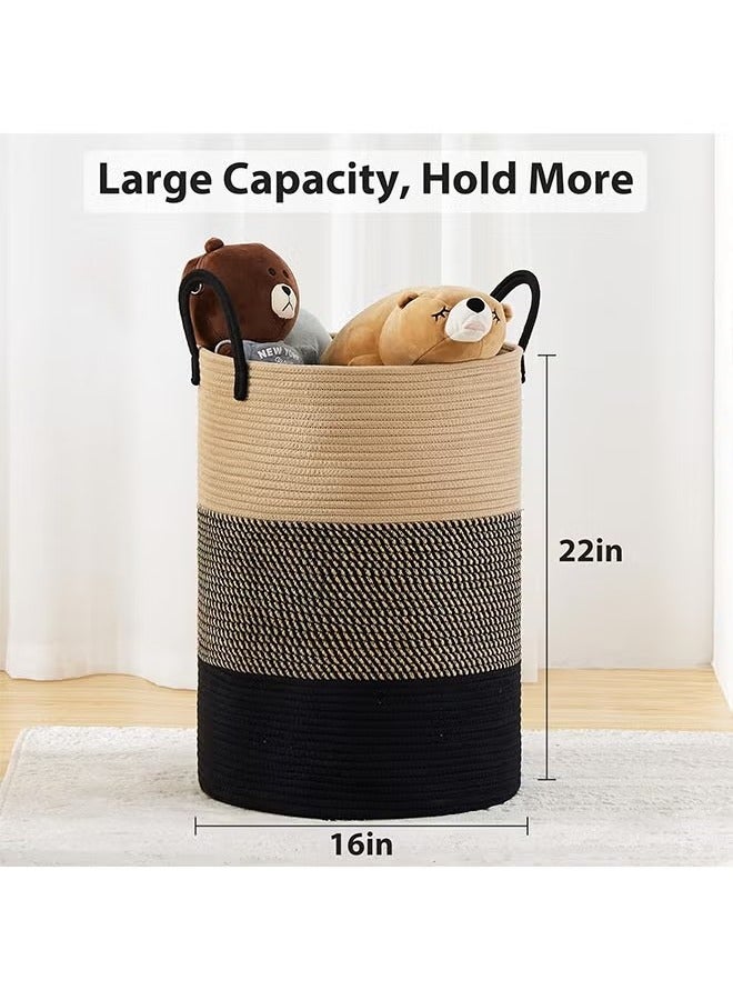 Beauenty 58L Large Woven Laundry Hamper,Tall Cotton Rope Storage Hampers,Baby Storage Hampers for Organizing Blankets/Toys/Clothes in Bedroom and Living Room(Khaki+Floral+Black) - Image 4