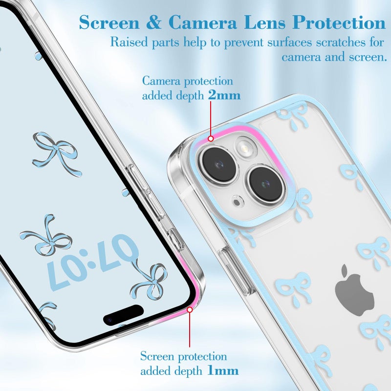 EYZUTAK Case for iPhone 15, Clear Cute Ribbon Bowknot Pattern Aesthetic Transparent Phone Case Raised Camera Protection Stylish Slim Soft Durable TPU Protective Cover for Women Girls - Blue - Image 2