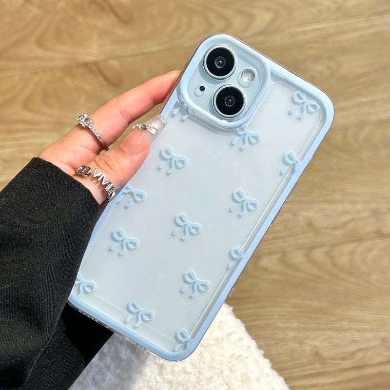 EYZUTAK Case for iPhone 15, Clear Cute Ribbon Bowknot Pattern Aesthetic Transparent Phone Case Raised Camera Protection Stylish Slim Soft Durable TPU Protective Cover for Women Girls - Blue - Image 1