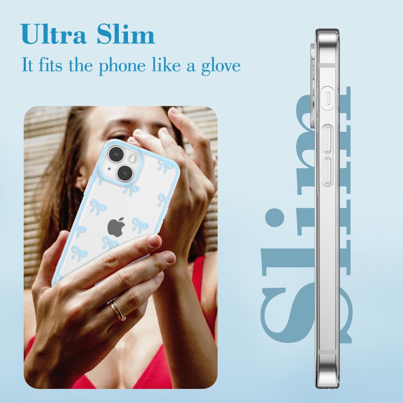 EYZUTAK Case for iPhone 15, Clear Cute Ribbon Bowknot Pattern Aesthetic Transparent Phone Case Raised Camera Protection Stylish Slim Soft Durable TPU Protective Cover for Women Girls - Blue - Image 4