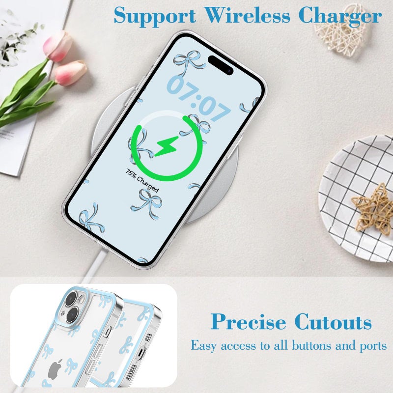 EYZUTAK Case for iPhone 15, Clear Cute Ribbon Bowknot Pattern Aesthetic Transparent Phone Case Raised Camera Protection Stylish Slim Soft Durable TPU Protective Cover for Women Girls - Blue - Image 5