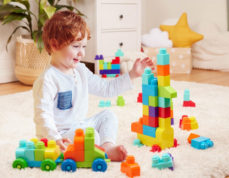 Battat – Large Building Blocks – 80 Colorful Pieces – 8 Wheel Bricks – Zippered Storage Bag – 12 Months + – Bag o' Blocks - Image 2
