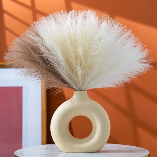 CURATED CART Faux Pampas Grass Set of 3 Small Artificial Flowers for Home, Office, Bedroom, Living Room & Table Décor - 1 Each Beige, White, Brown, 41 cm, (Without Vase) - Image 1