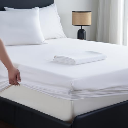 MEISHANG Extra Deep Pocket Queen Sheets - 1000 Thread Count Sheets - Fits 18"-24" in Deep Mattress,100% Egyptian Cotton,Sateen Weave, Soft & Breathable - 4 Piece (Queen, White) - Image 1