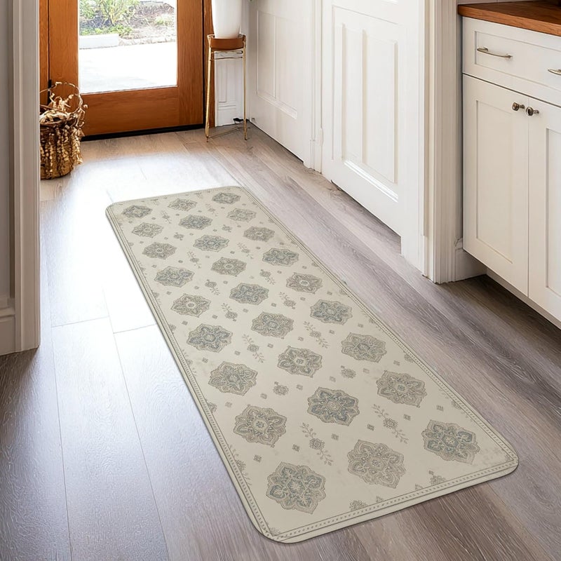 Floral Runner Rug, Traditional Elegant Geometric Ornate None Beige Low Pile Sponge Home Indoor Pattern Carpets Non Shedding for Kitchen Entryway Bathroom Doorway Decor 2x5 Ft - Image 1