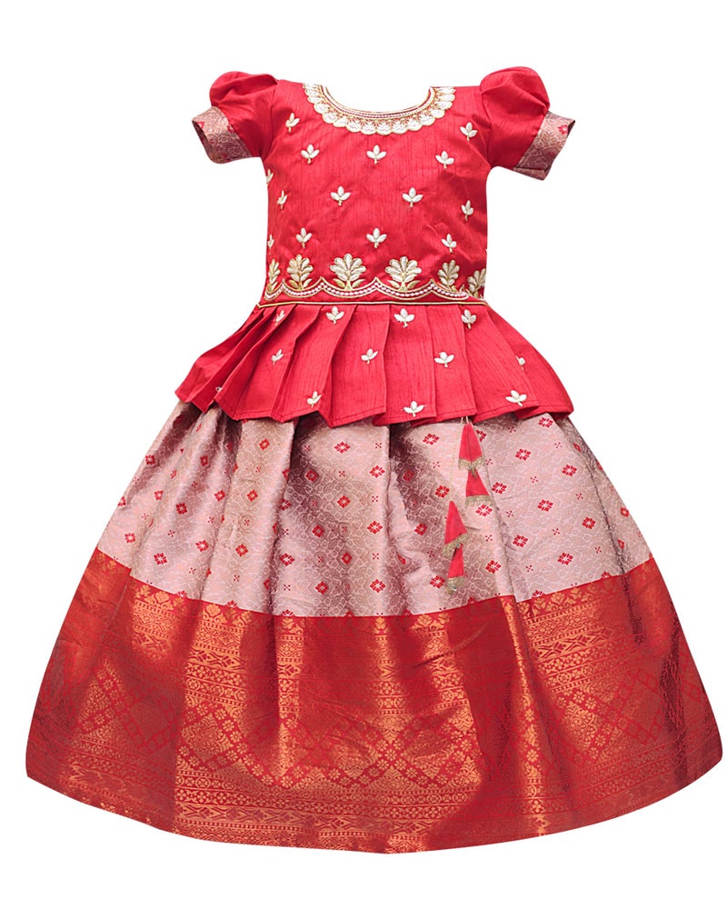 Suzvan Baby Girls South Indian Pattu Pavadai Lehenga Choli set For kids Dress (Red & White, 12 Months - 24 Months) - Image 1
