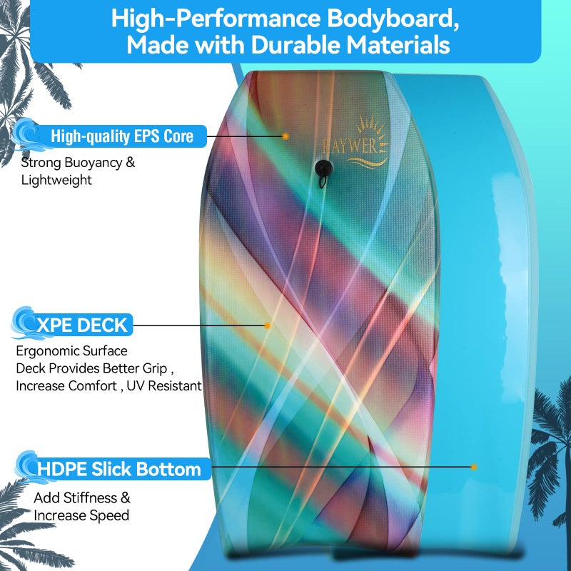 RAYWER Body Board Lightweight with EPS Core, HDPE Slick Bottom , Leash & Adjustable Wrist Rope, Great Surfing for Kids and Adults (Rainbow, 33-INCH) - Image 2