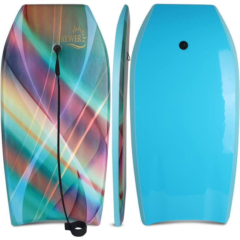 RAYWER Body Board Lightweight with EPS Core, HDPE Slick Bottom , Leash & Adjustable Wrist Rope, Great Surfing for Kids and Adults (Rainbow, 33-INCH) - Image 1