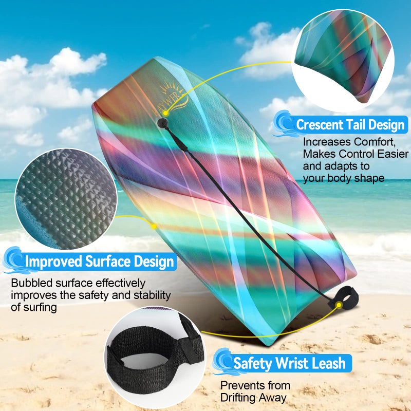 RAYWER Body Board Lightweight with EPS Core, HDPE Slick Bottom , Leash & Adjustable Wrist Rope, Great Surfing for Kids and Adults (Rainbow, 33-INCH) - Image 3