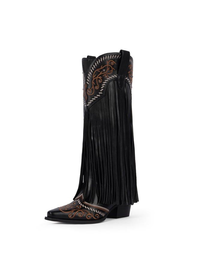 Modatope Cowboy Boots for Women Fringe Knee High Boots Embroidered Cowgirl Western Pointed Toe Chunky Heel Boots, Black, 8 - Image 1
