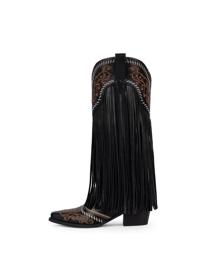 Modatope Cowboy Boots for Women Fringe Knee High Boots Embroidered Cowgirl Western Pointed Toe Chunky Heel Boots, Black, 8 - Image 4