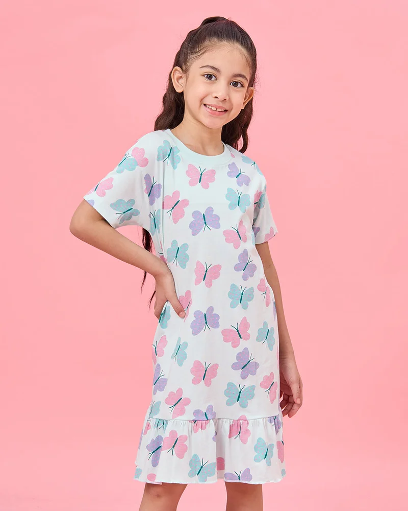 REDTAG Girls Blue Printed Nightshirt