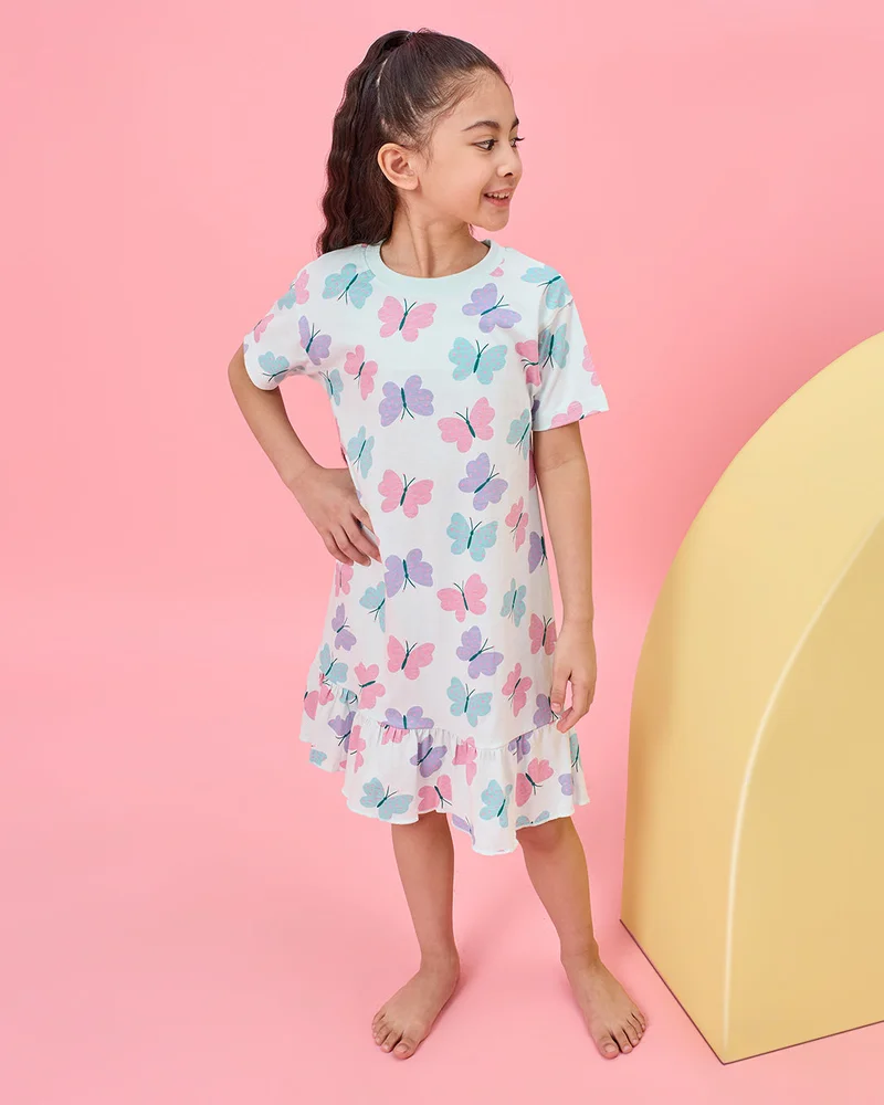 REDTAG Girls Blue Printed Nightshirt