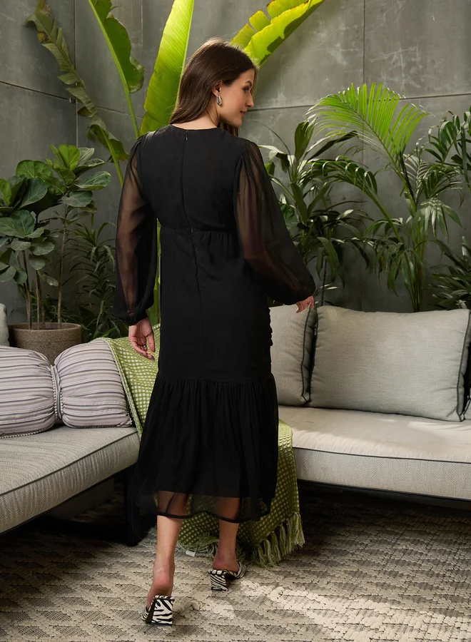SASSAFRAS Balloon Sleeve Ruched Detail Midi Dress