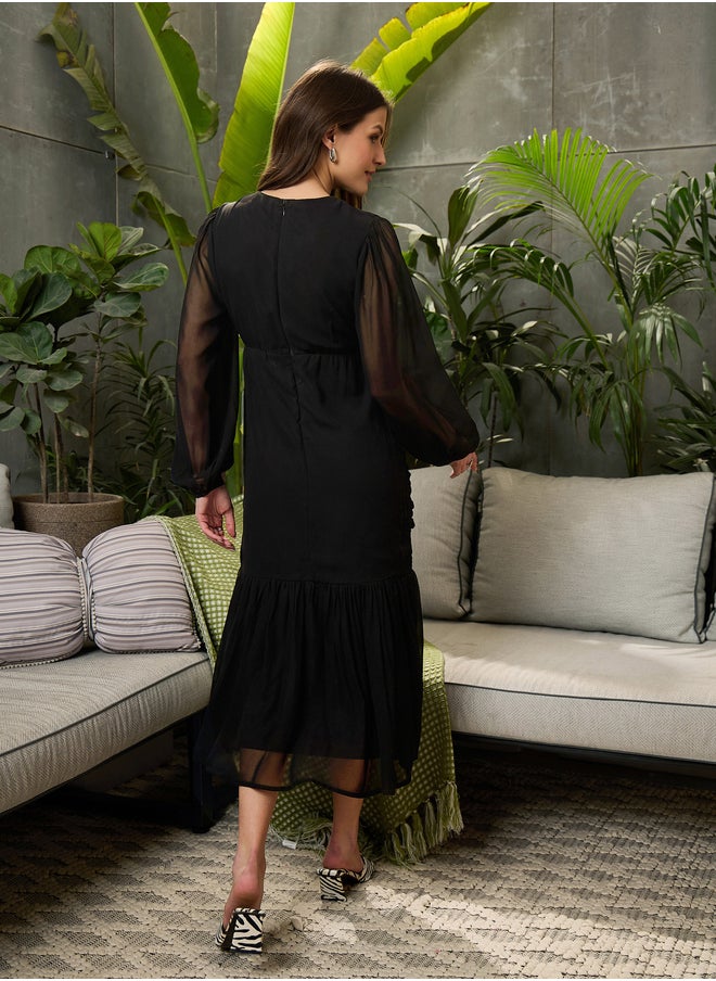SASSAFRAS Balloon Sleeve Ruched Detail Midi Dress  - Image 5