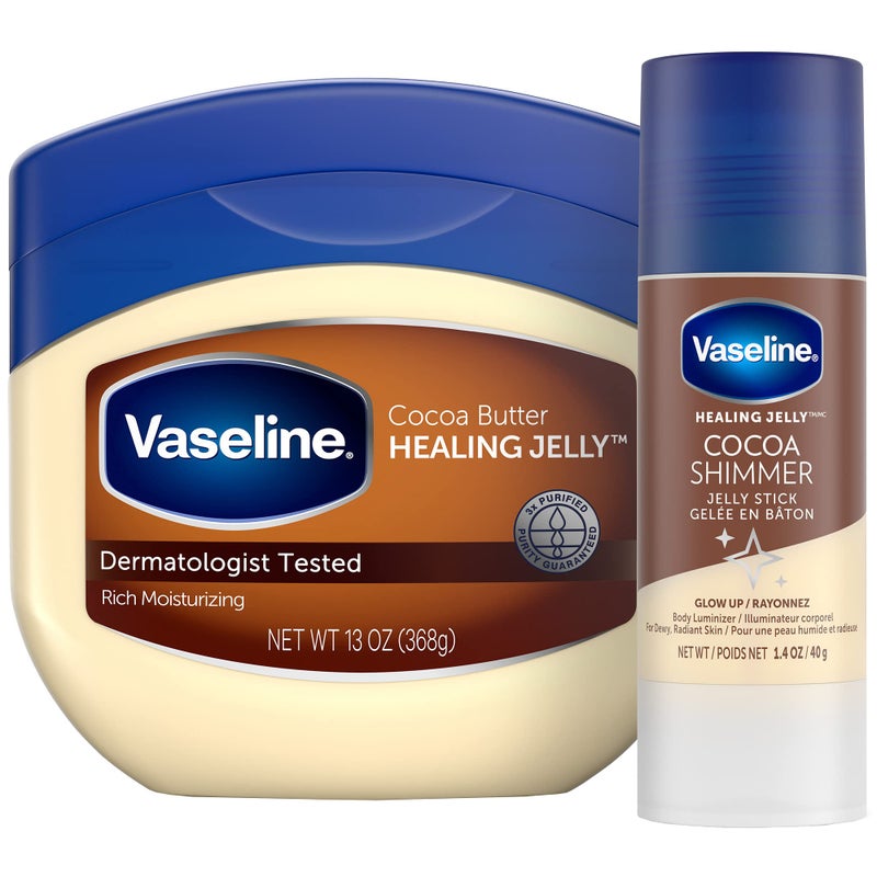 Vaseline Rich Moisturizing Healing Jelly Cocoa Butter, 13 oz Bundled with Cocoa Shimmer Stick, 1.4 oz. Provides Radiant and Shimmering Moisturized Skin with Pleasant Scent - Image 1