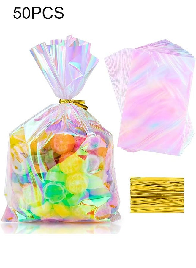 Happy D 50 fluorescent cellophane plastic gift bags with ribbon, suitable for wedding candies, birthday party supplies, candy bags, cookie packaging, and cake pop packaging (15x25 cm) - Image 1