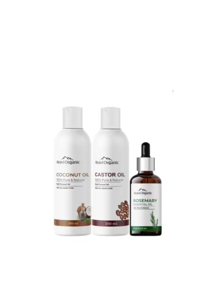 Aravi Organic Aravi Organic Cold Pressed Castor Oil Extra Virgin 200ML Coconut Oil 200ML Rosemary Essential Oil 15ML Pack of 3  - Image 1