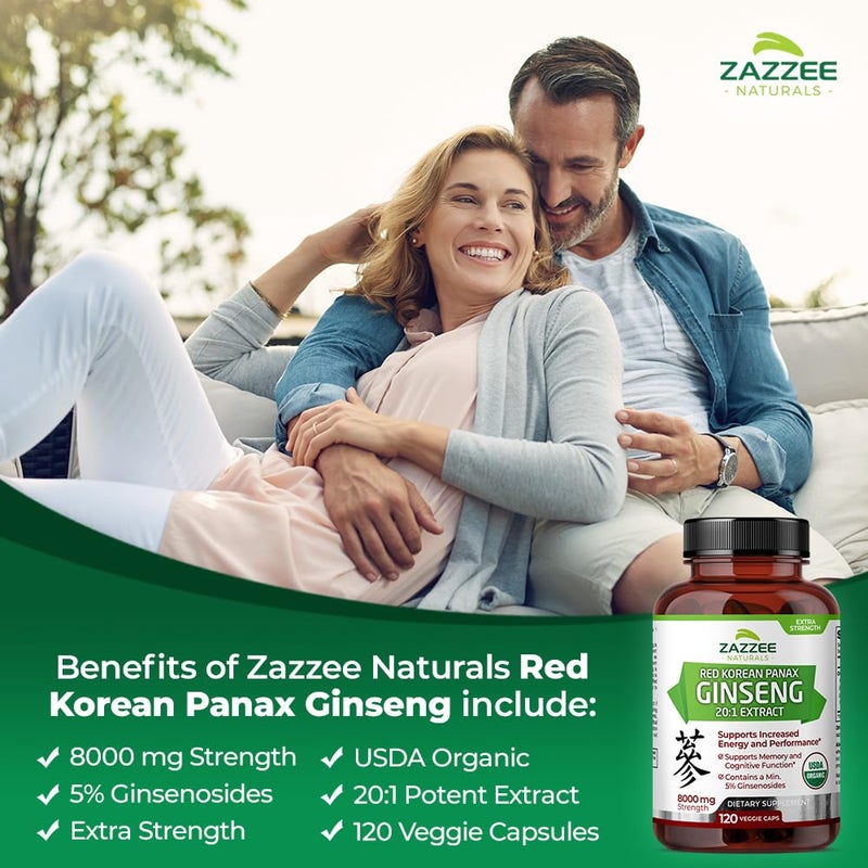 Zazzee زاززي USDA عضوي الجينسنغ الكوري الأحمر 20:1 مستخلص، 8000 ملغ قوة، 5% جينسنوسيدات، 120 كبسولة نباتية، مستخلص جذور موحد ومركز 20X، 100% نباتي، طبيعي بالكامل، غير معدل وراثيًا - Image 4