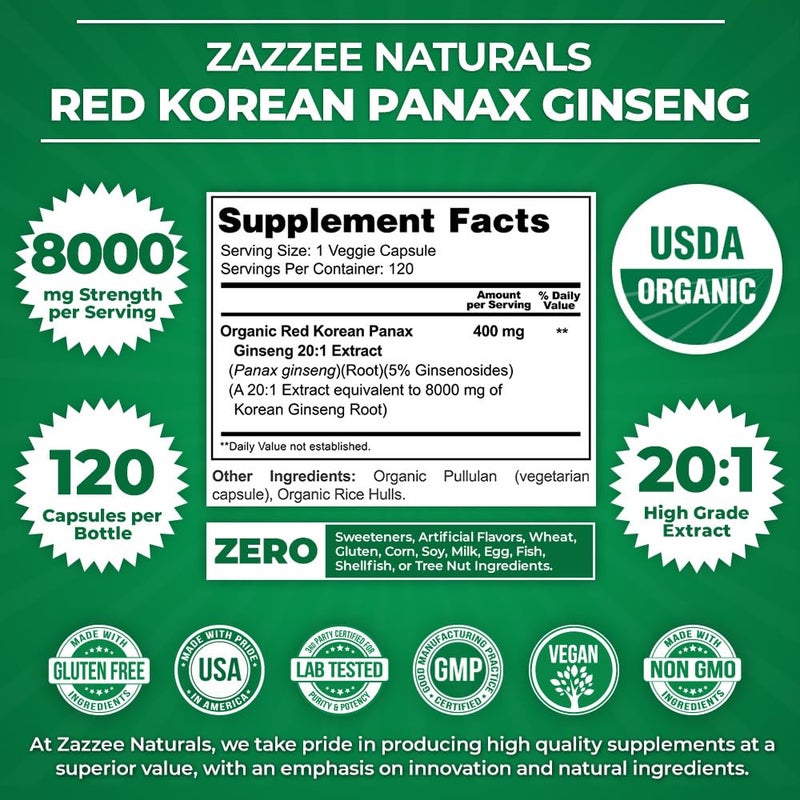 Zazzee زاززي USDA عضوي الجينسنغ الكوري الأحمر 20:1 مستخلص، 8000 ملغ قوة، 5% جينسنوسيدات، 120 كبسولة نباتية، مستخلص جذور موحد ومركز 20X، 100% نباتي، طبيعي بالكامل، غير معدل وراثيًا - Image 3