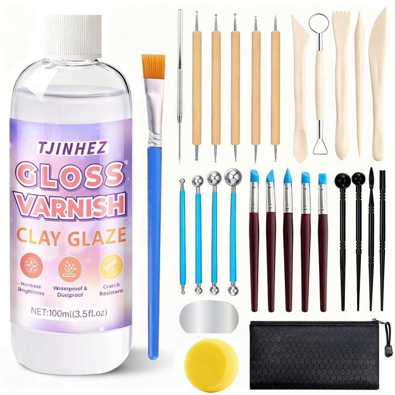 TJINHEZ 100ml Air Dry Clay Glaze and 29pcs Clay Tools Kit - Waterproof Scratch-Resistant Gloss Varnish Protects from Wear/Cracking, Pottery Tools for Stippling, Carving, Molding & Shaping Clay Crafts - Image 1