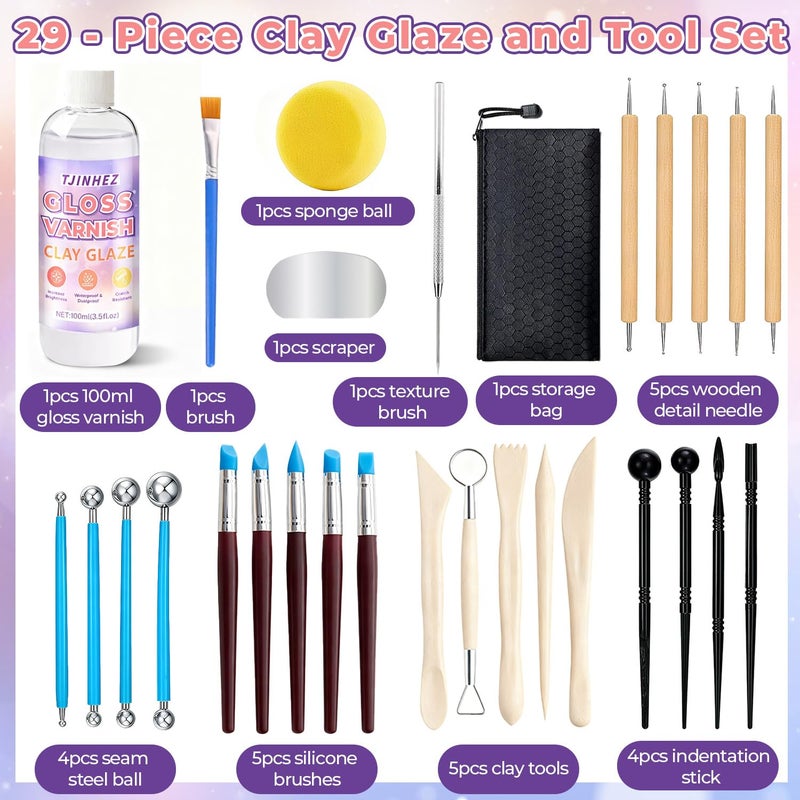 TJINHEZ 100ml Air Dry Clay Glaze and 29pcs Clay Tools Kit - Waterproof Scratch-Resistant Gloss Varnish Protects from Wear/Cracking, Pottery Tools for Stippling, Carving, Molding & Shaping Clay Crafts - Image 3