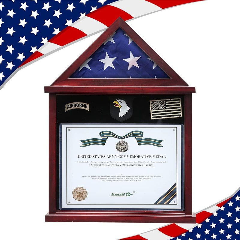 SNAIL Flag Display Case Military Shadow Box Fits a Folded 3'x5' Army Navy Air Force Veterans Home Flown Flag with Certificate Document Holder Frame and Felt Lining for Badges and Medals, MAHOGANY Finish - Image 1
