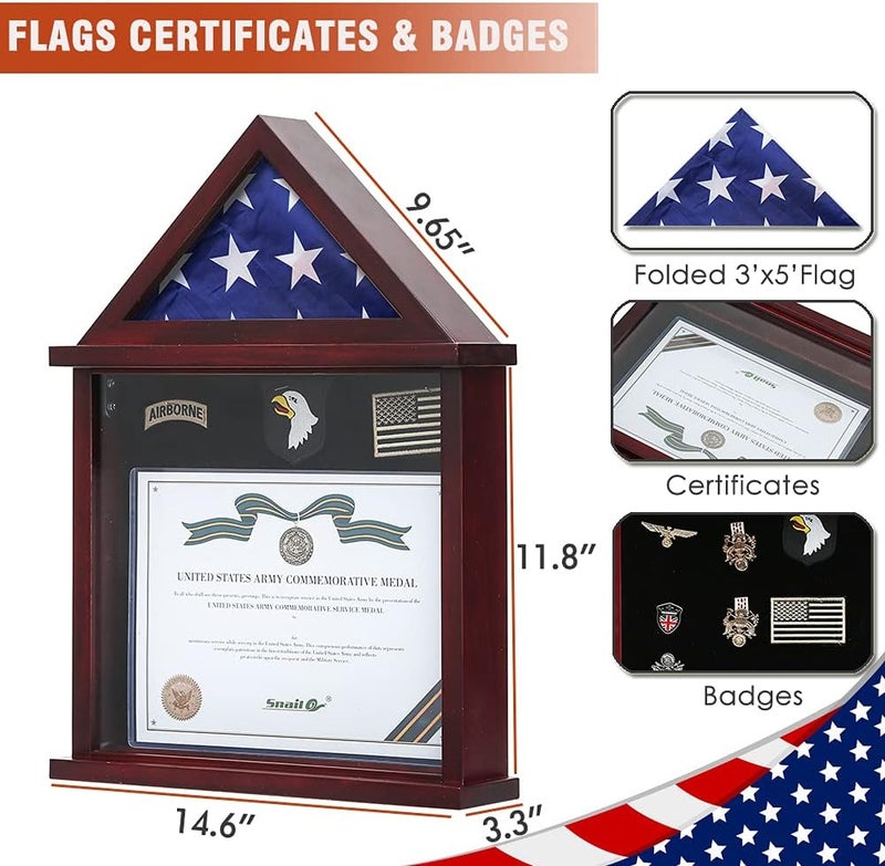 SNAIL Flag Display Case Military Shadow Box Fits a Folded 3'x5' Army Navy Air Force Veterans Home Flown Flag with Certificate Document Holder Frame and Felt Lining for Badges and Medals, MAHOGANY Finish - Image 2