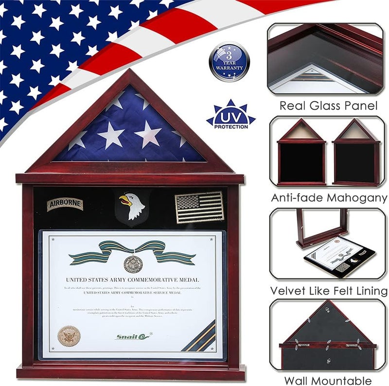 SNAIL Flag Display Case Military Shadow Box Fits a Folded 3'x5' Army Navy Air Force Veterans Home Flown Flag with Certificate Document Holder Frame and Felt Lining for Badges and Medals, MAHOGANY Finish - Image 3