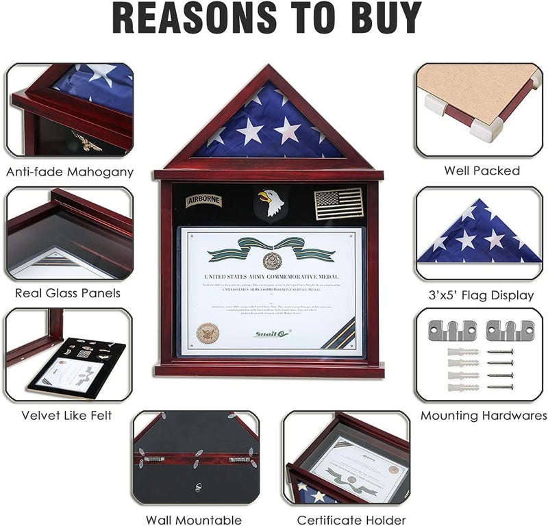 SNAIL Flag Display Case Military Shadow Box Fits a Folded 3'x5' Army Navy Air Force Veterans Home Flown Flag with Certificate Document Holder Frame and Felt Lining for Badges and Medals, MAHOGANY Finish - Image 4