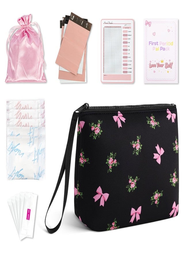 Playexen First Period Kit for Girls, Neoprene Sanitary Napkin Storage Bag, Menstrual Pad Bag Tampon Holder for Purse, First Period Gifts for 9-12 (Pink Rose - Image 1