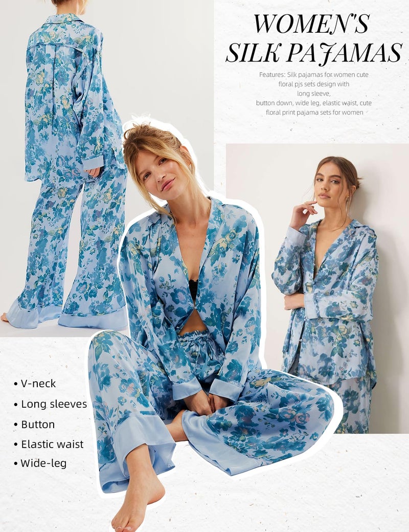 Arssm Satin Pajama Set for Women Silk Pajamas Set 2 Piece Floral Pj Set Long Sleeve Button Down Pjs Sleepwear(Blue-M) - Image 5