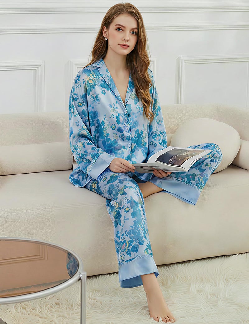 Arssm Satin Pajama Set for Women Silk Pajamas Set 2 Piece Floral Pj Set Long Sleeve Button Down Pjs Sleepwear(Blue-M) - Image 3