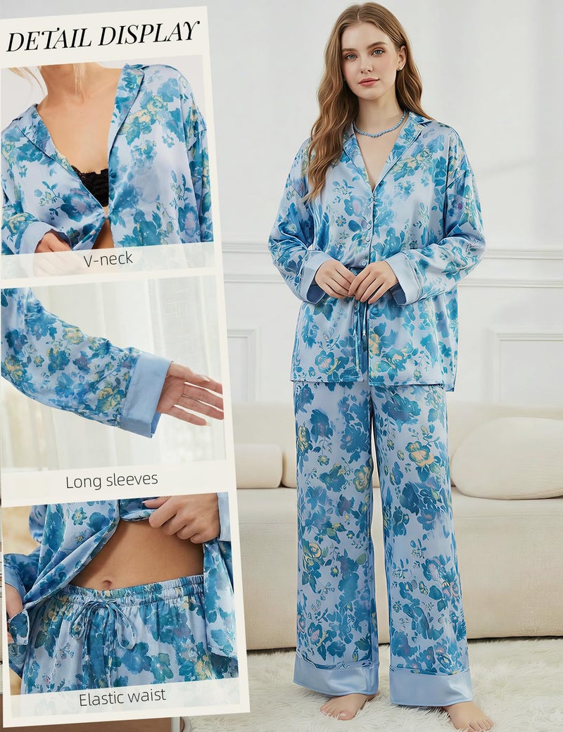 Arssm Satin Pajama Set for Women Silk Pajamas Set 2 Piece Floral Pj Set Long Sleeve Button Down Pjs Sleepwear(Blue-M) - Image 2