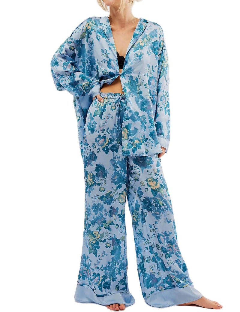 Arssm Satin Pajama Set for Women Silk Pajamas Set 2 Piece Floral Pj Set Long Sleeve Button Down Pjs Sleepwear(Blue-M) - Image 1