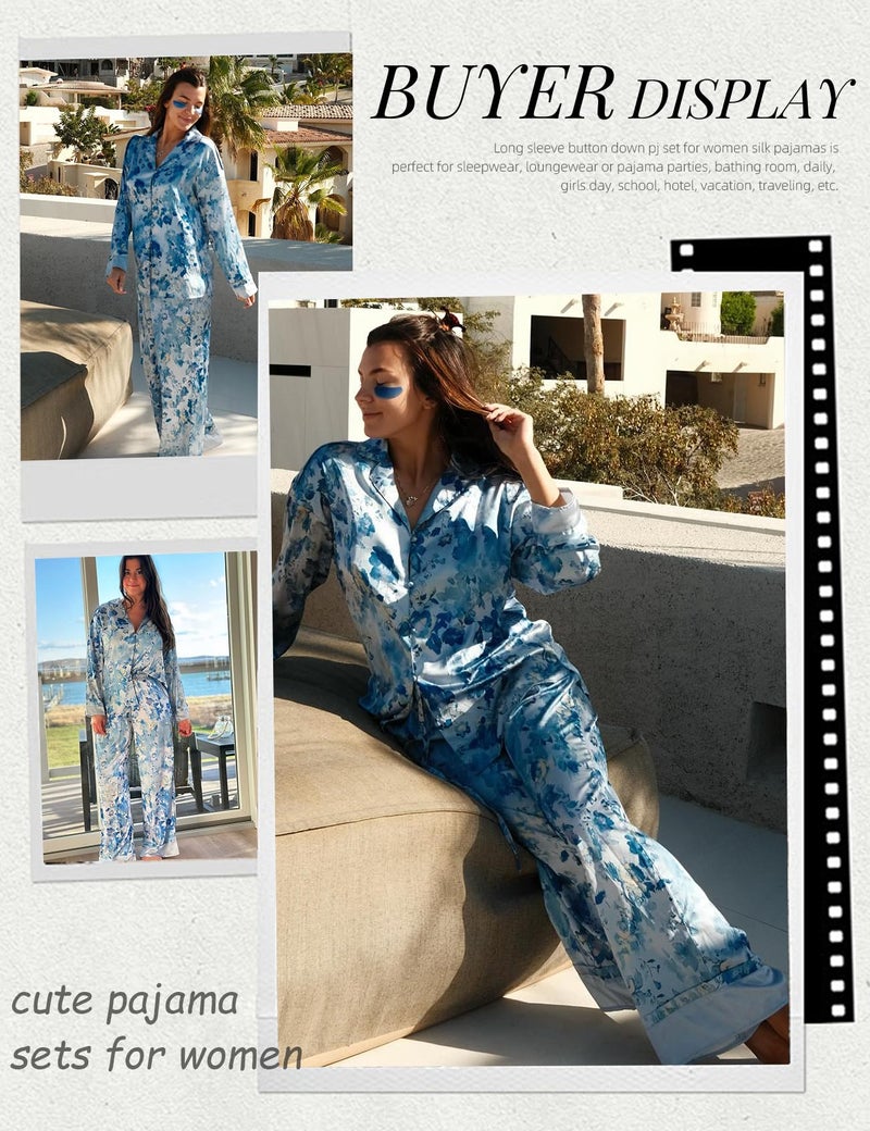 Arssm Satin Pajama Set for Women Silk Pajamas Set 2 Piece Floral Pj Set Long Sleeve Button Down Pjs Sleepwear(Blue-M) - Image 4
