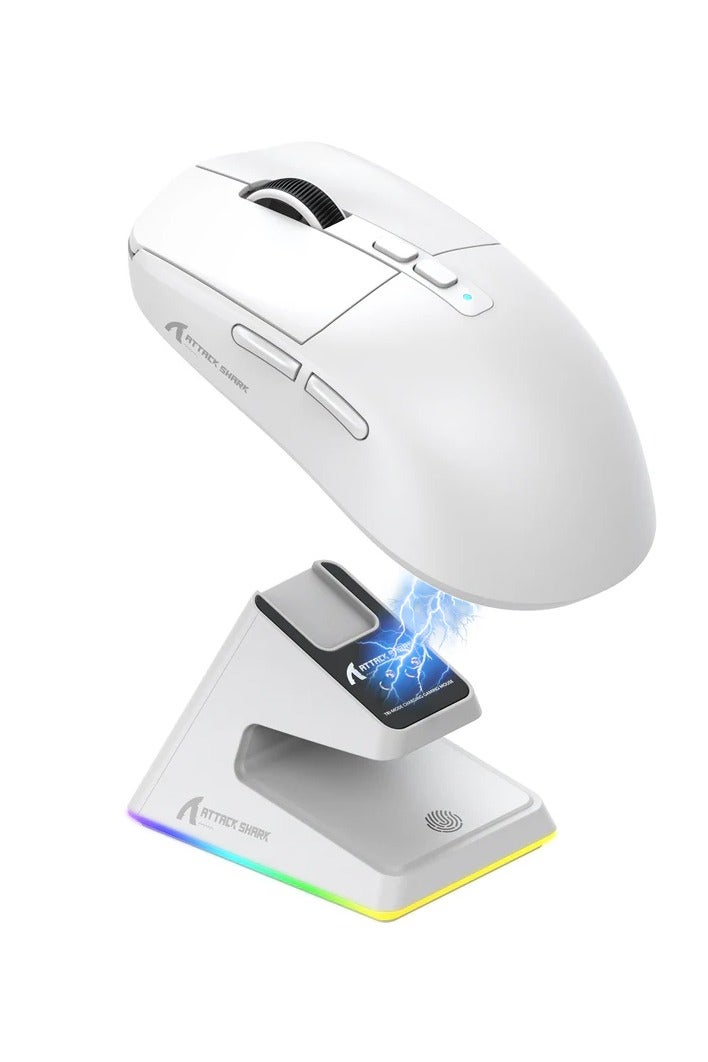 Attack Shark Shark Attack X6 Wireless Lightweight Gaming Mouse with RGB Backlit Charging Base and 3 Wired Modes 2.4G BT5.2 Up to 26K DPI RGB Touch Magnetic Charging Base White - Image 1