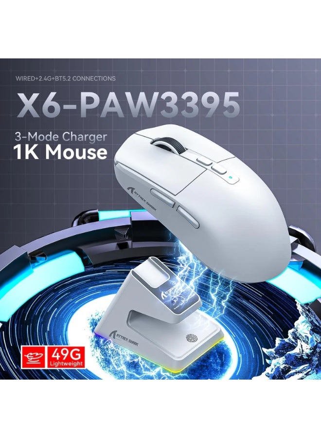 Attack Shark Shark Attack X6 Wireless Lightweight Gaming Mouse with RGB Backlit Charging Base and 3 Wired Modes 2.4G BT5.2 Up to 26K DPI RGB Touch Magnetic Charging Base White - Image 5