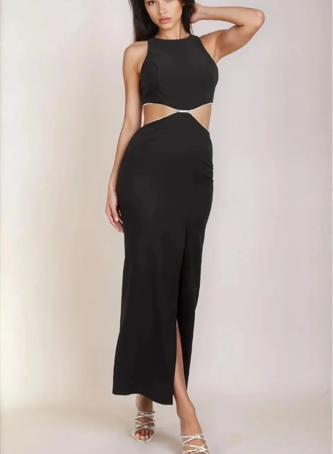 Little Mistress Black Diamante Cut-Out Maxi Dress