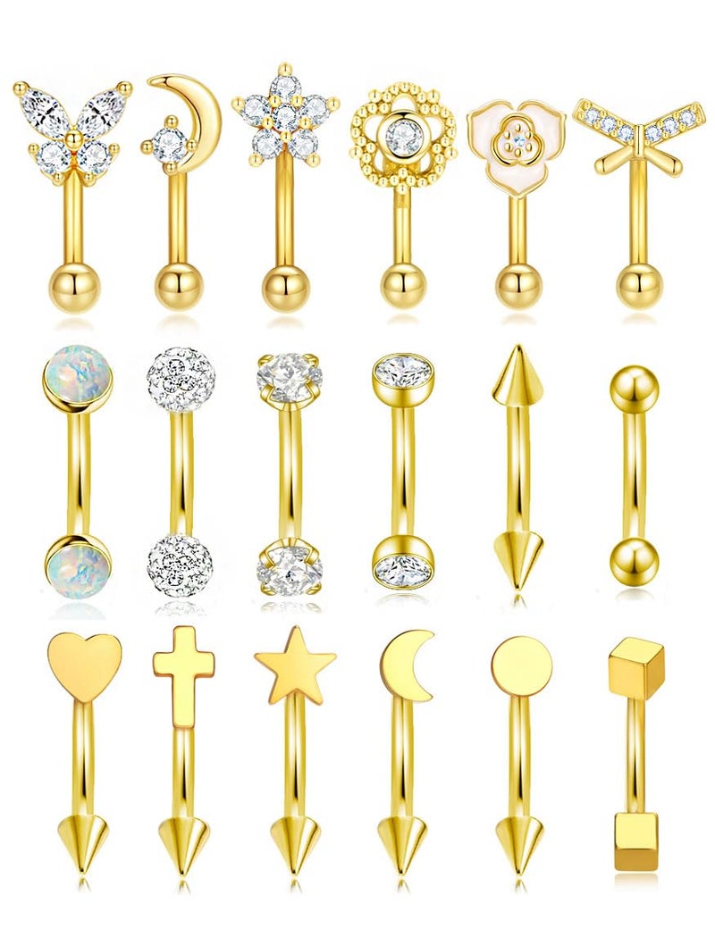 Tornito 18Pcs Eyebrow Piercing Jewelry 16G Surgical Steel Curved Barbell Eyebrow Rings Butterfly Moon Vertical Labret Monroe Lip Belly Button Rook Daith Tragus Earrings for Women Men Gold 10mm - Image 1